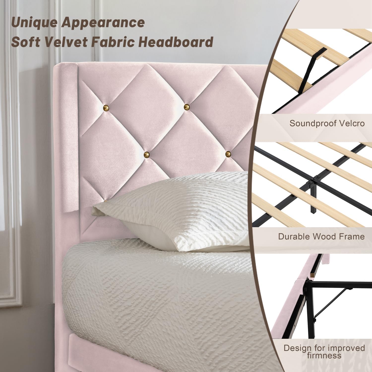 Full Size Platform Bed Frame with Velvet Headboard, Sturdy Wooden Slats Support, Mattress Foundation, No Box Spring Required, Non-Slip and Noise-Free,Easy Assembly, Pink