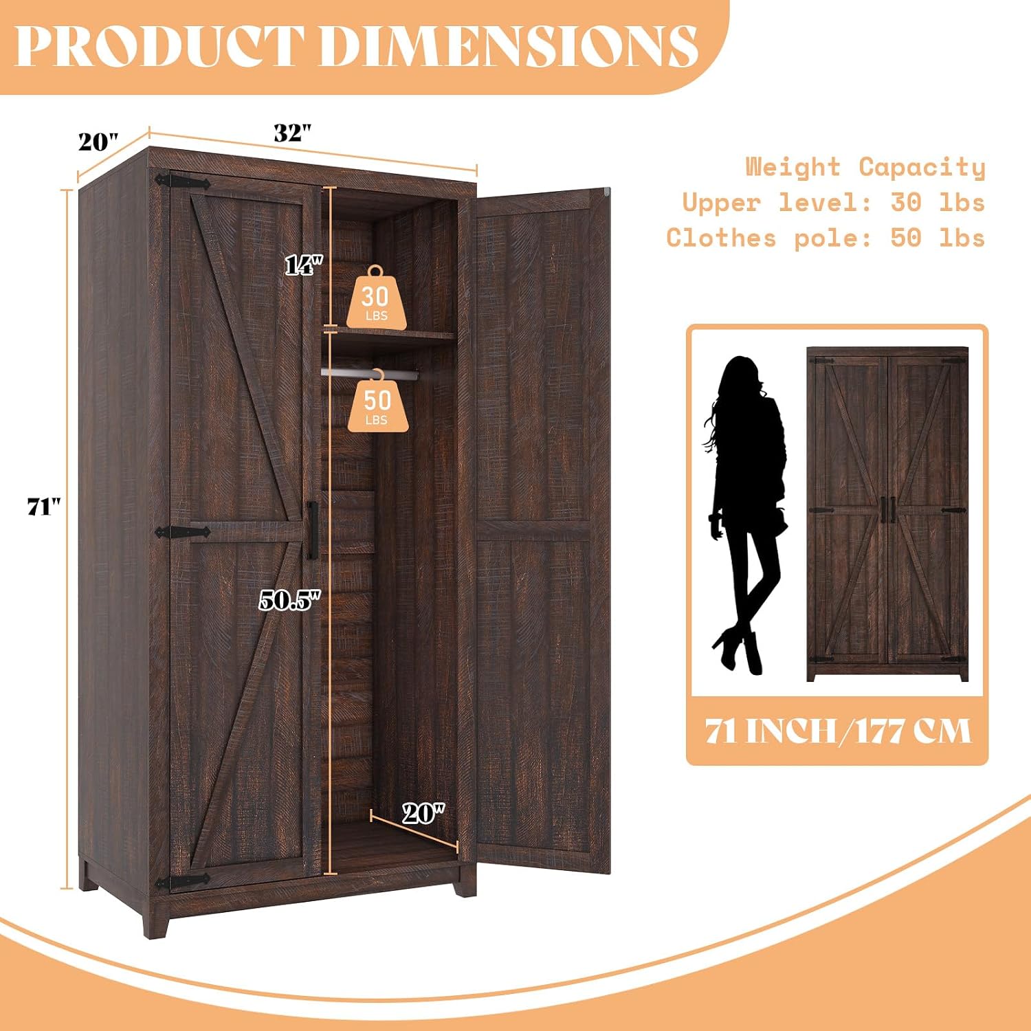 AMERLIFE Farmhouse Armoire Wardrobe Closet with 2 Barn Doors, 71'' Storage Cabinet with Hanging Rod & Shelf, Versatile Clothing Storage for Bedroom, Espresso