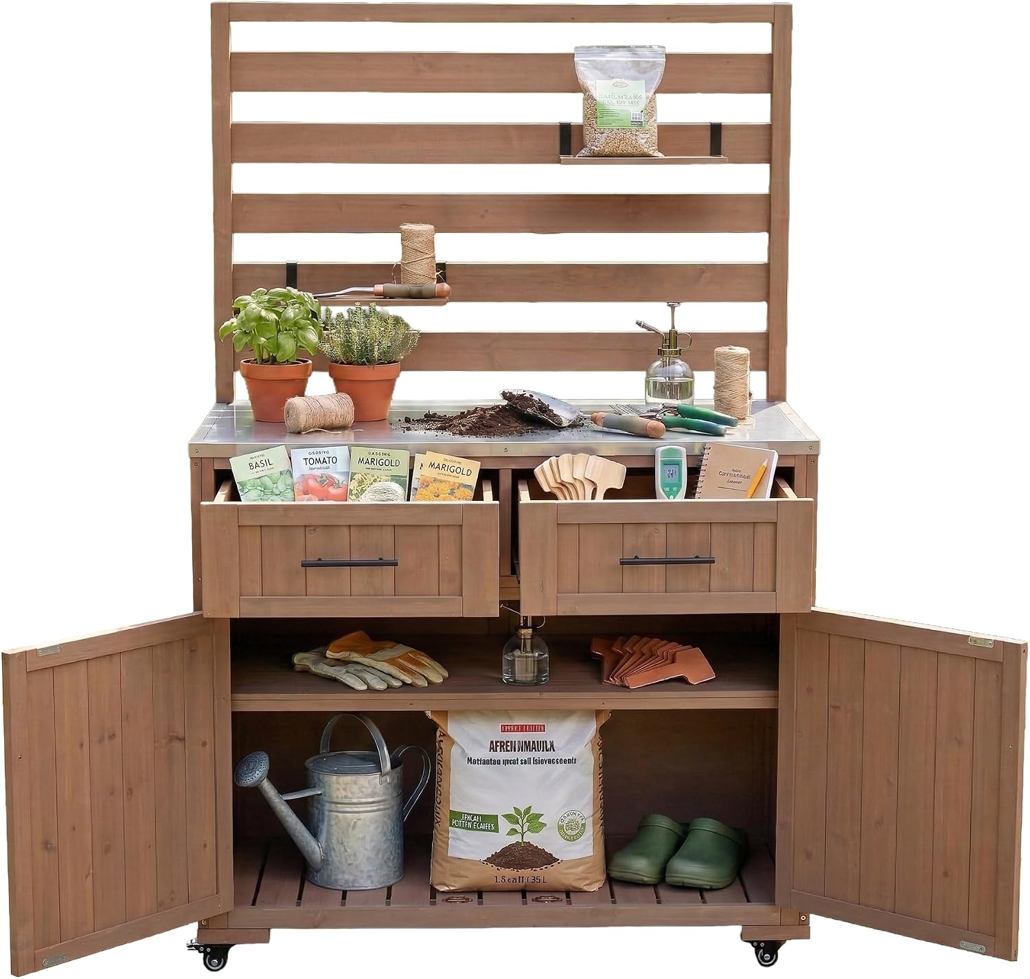 Roomfitters 64.9' Garden Potting Bench with Stainless Steel Top, Rolling Outdoor BBQ Prep Station, Storage Hutch, Drawers, Brown