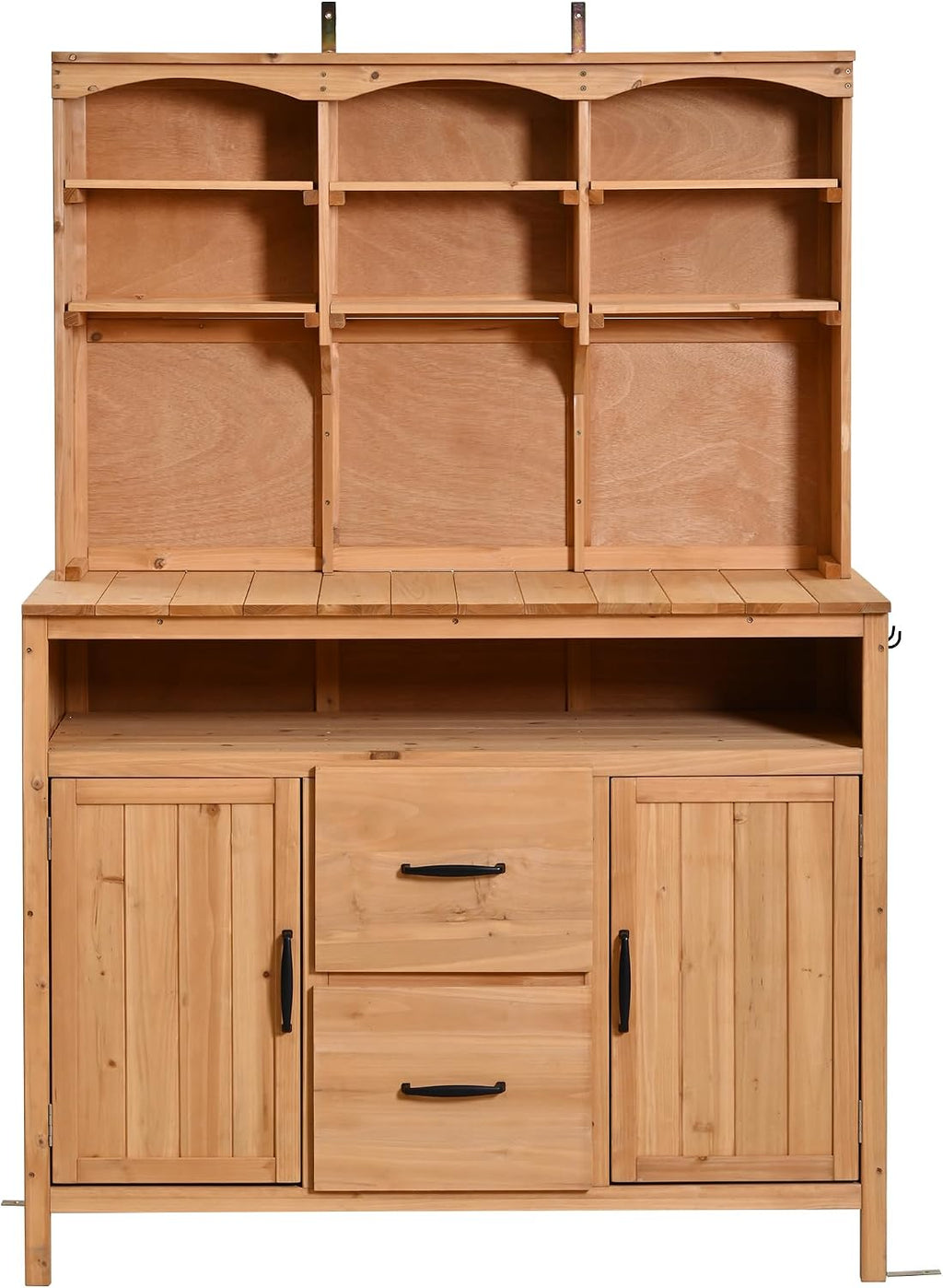 Outdoor Potting Bench Table with Large Countertop and Hutch, Freestanding Garden Workstation with Cabinets, Drawers and Hooks for Backyard (Natural Wood)