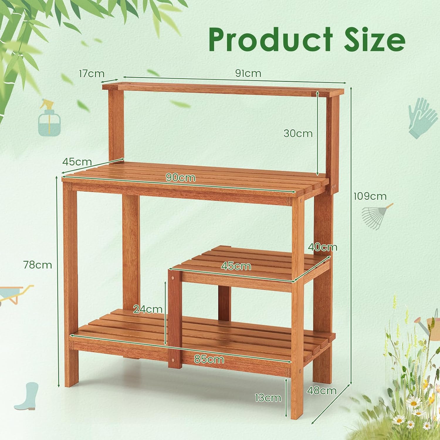TANGZON Garden Potting Table, Solid Wood Potting Table with Trellis, Open Shelves, Teak Oil Finish, Gardening Workstation & Planting Work Table for Outdoor Patio Backyard Balcony