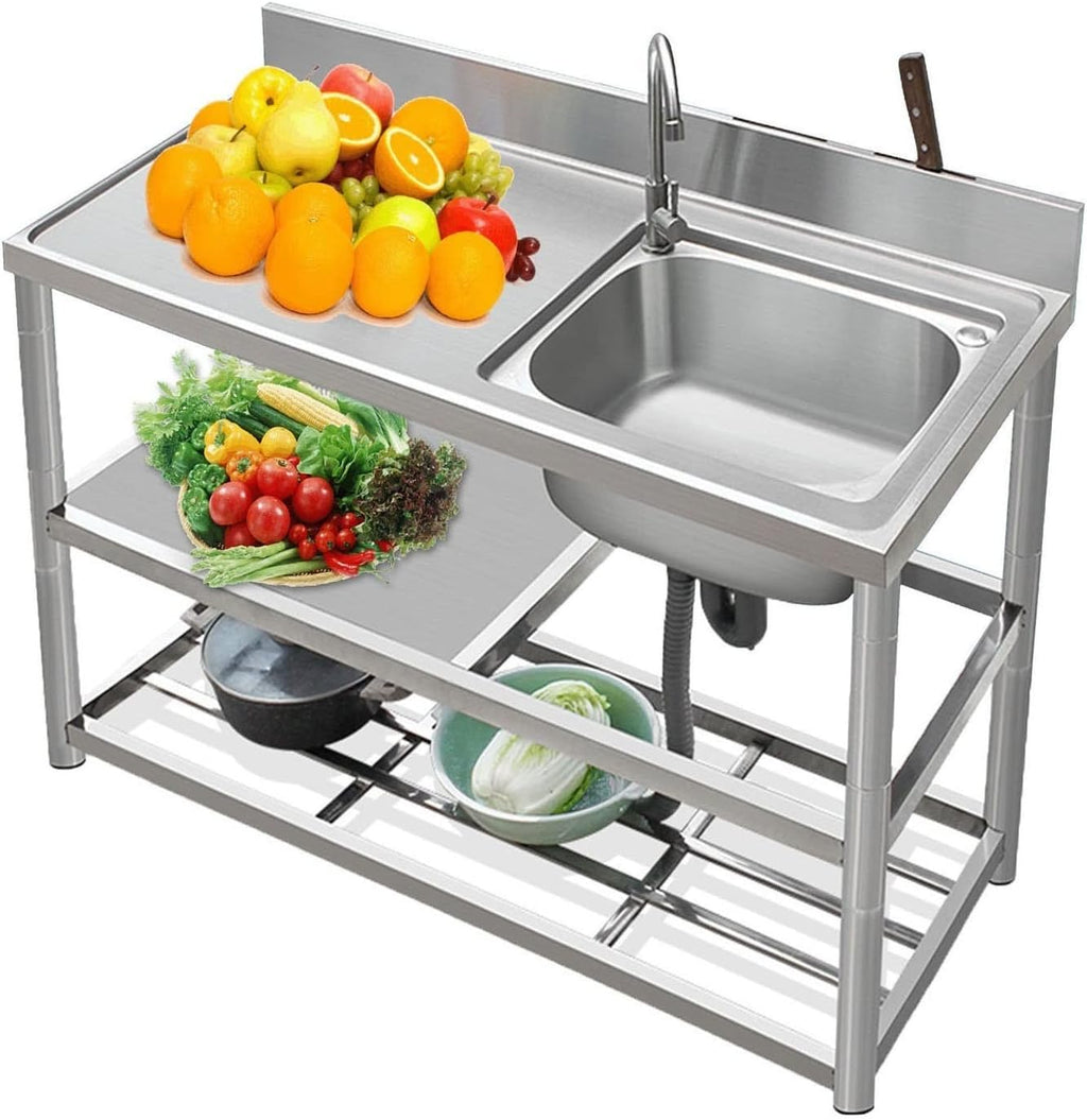 Stainless Steel Utility Sink with Workbench, Commercial Restaurant Sink Kitchen Sinks Set Prep & w/Faucet & Drainboard, Laundry Room Single Bowl Outdoor Kitchen Sinks(Hot Cold Faucet Right,47.2in)