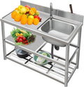 Stainless Steel Utility Sink with Workbench, Commercial Restaurant Sink Kitchen Sinks Set Prep & w/Faucet & Drainboard, Laundry Room Single Bowl Outdoor Kitchen Sinks(Hot Cold Faucet Right,31.5in)