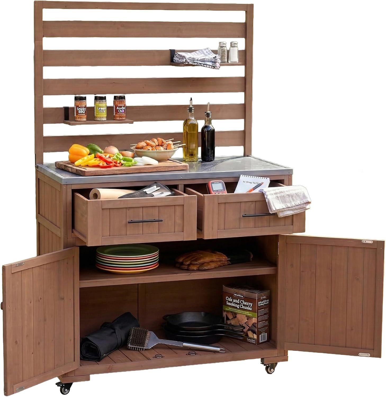 Roomfitters 64.9' Garden Potting Bench with Stainless Steel Top, Rolling Outdoor BBQ Prep Station, Storage Hutch, Drawers, Brown