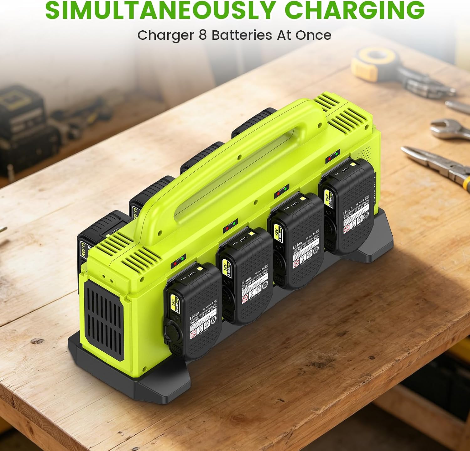 8-Port Charger for Ryobi 18V Battery, Simultaneous Fast Charging Station | Charge up to 8 Ryobi One+ batteries simultaneously with smart cooling, LED status indicators, and portable carry handle.