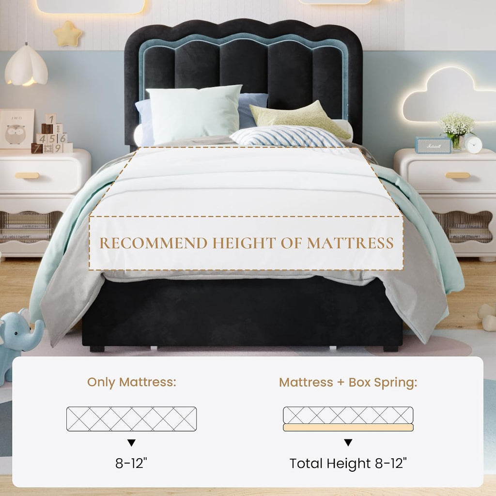 SHA CERLIN Upholstered Twin Size Bed Frame with LED Lights and Large Storage Drawer, Velvet Platform Bed with Adjustable Wavy Headboard, Noise Free, Easy Assembly, No Box Spring Needed, Soft Black