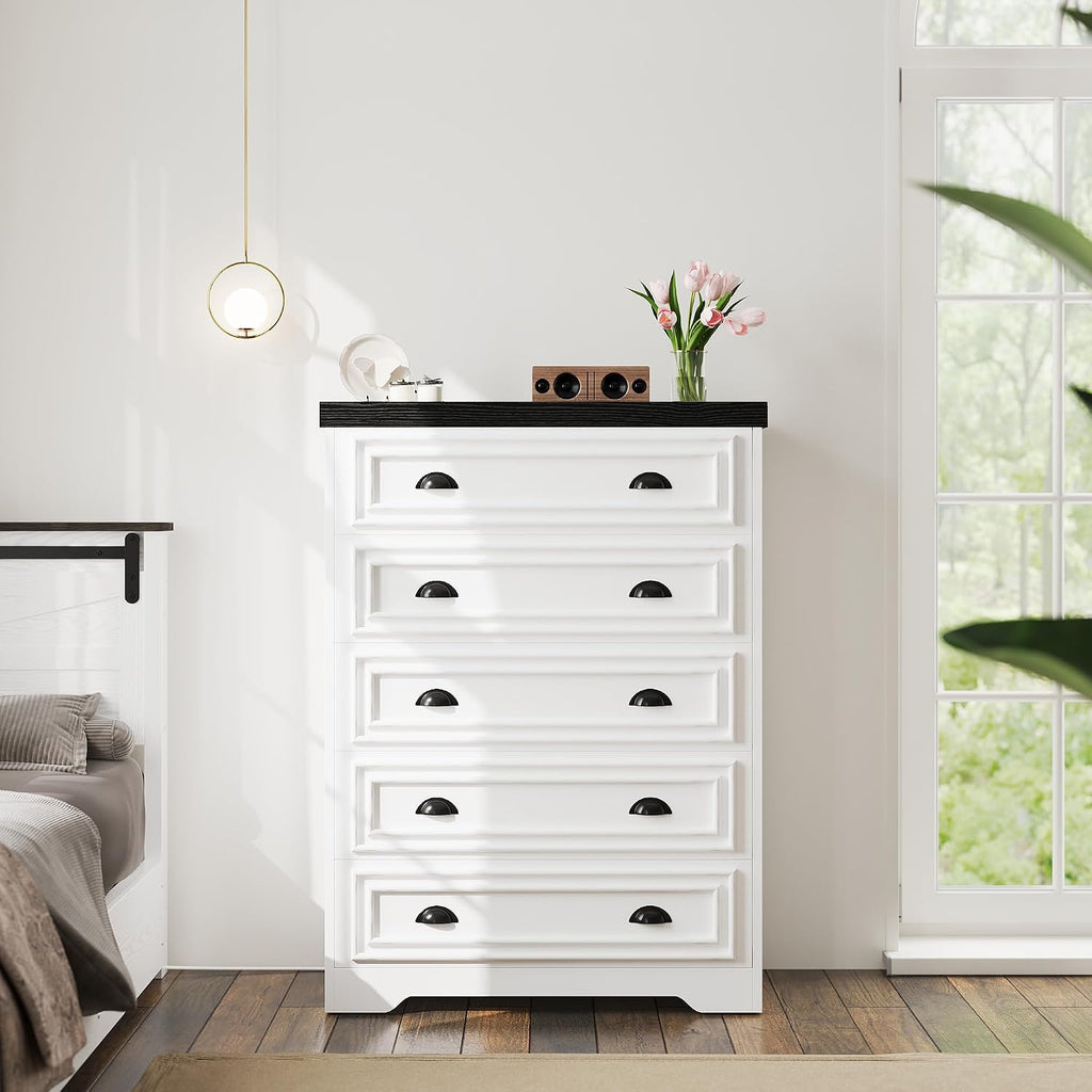 LIKIMIO 5-Drawer 43' Tall Dresser with Built-in Charging Station - Farmhouse Style Bedroom Storage Cabinet, Black &White