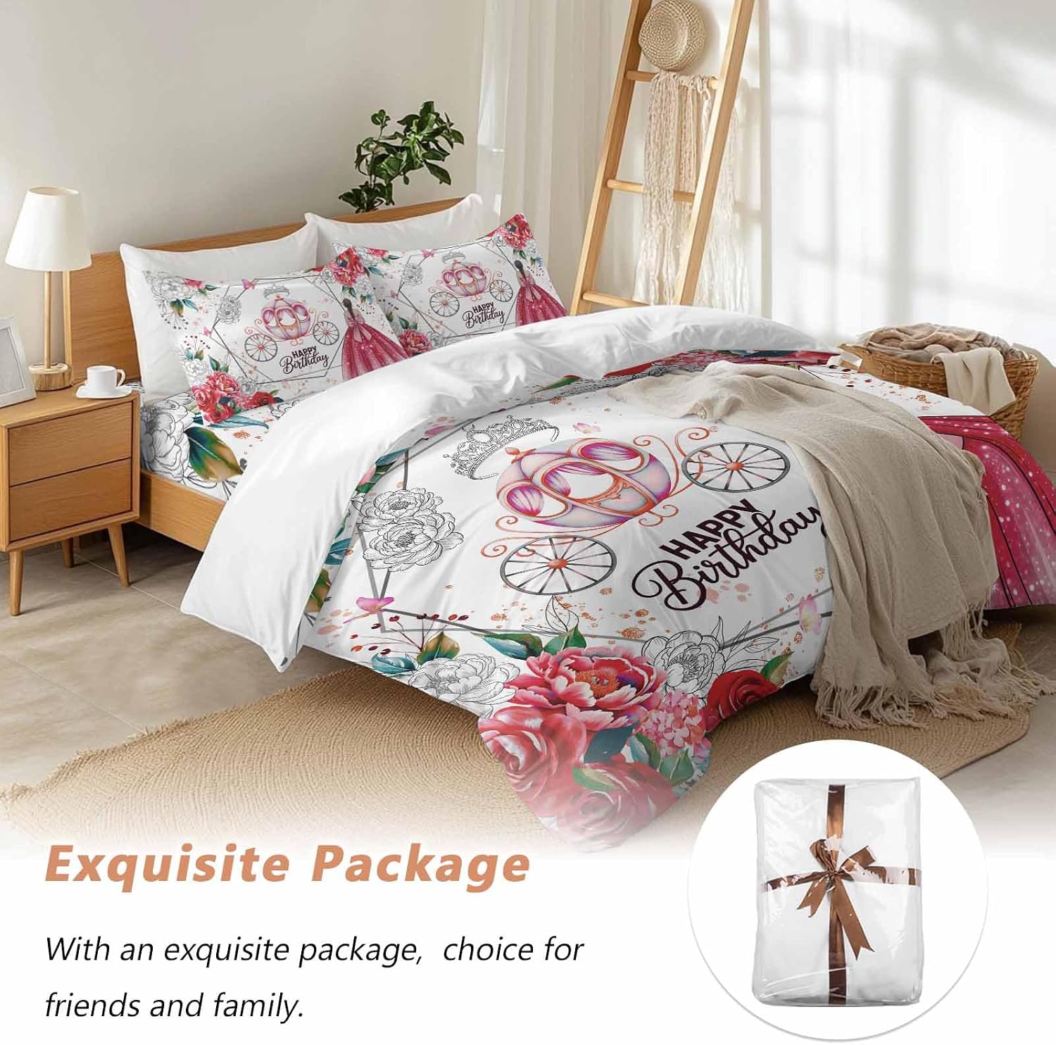 Happy Birthday Duvet Cover Set, Red Dress Crown Carriage Flowers Butterfly Soft Duvet Cover Twin Size Bedding Set 4 Pieces, 1 Quiltcover and 2 Pillowcases with Zipper, 1 Bed Sheet for All Seasons