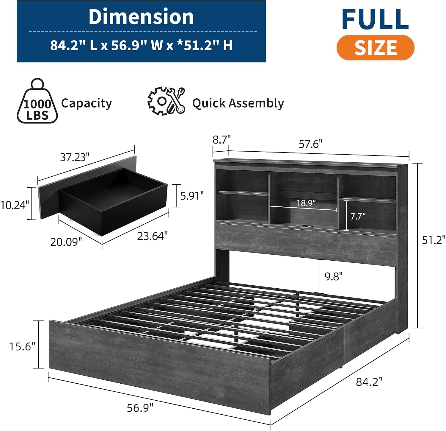 GarveeHome Full Size Bed Frame with High Storage Bookcase Headboard, Wood Bed Frame with 4 Storage Drawers, Built in Charging Station, No Box Spring Needed, Metal Frame, Noise-Free, Ink