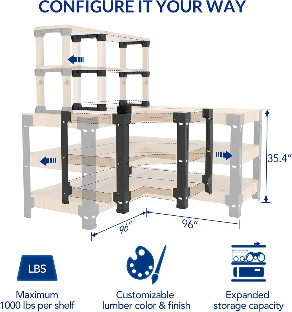 FLEXIMOUNTS Steel Workbench Kit 5 Legs with Shelf Brackets L Shaped Heavy Duty Work Bench for Garage Workshop Storage Shelving Workbenches Frame Black Customize Work Table, Lumber Not Included