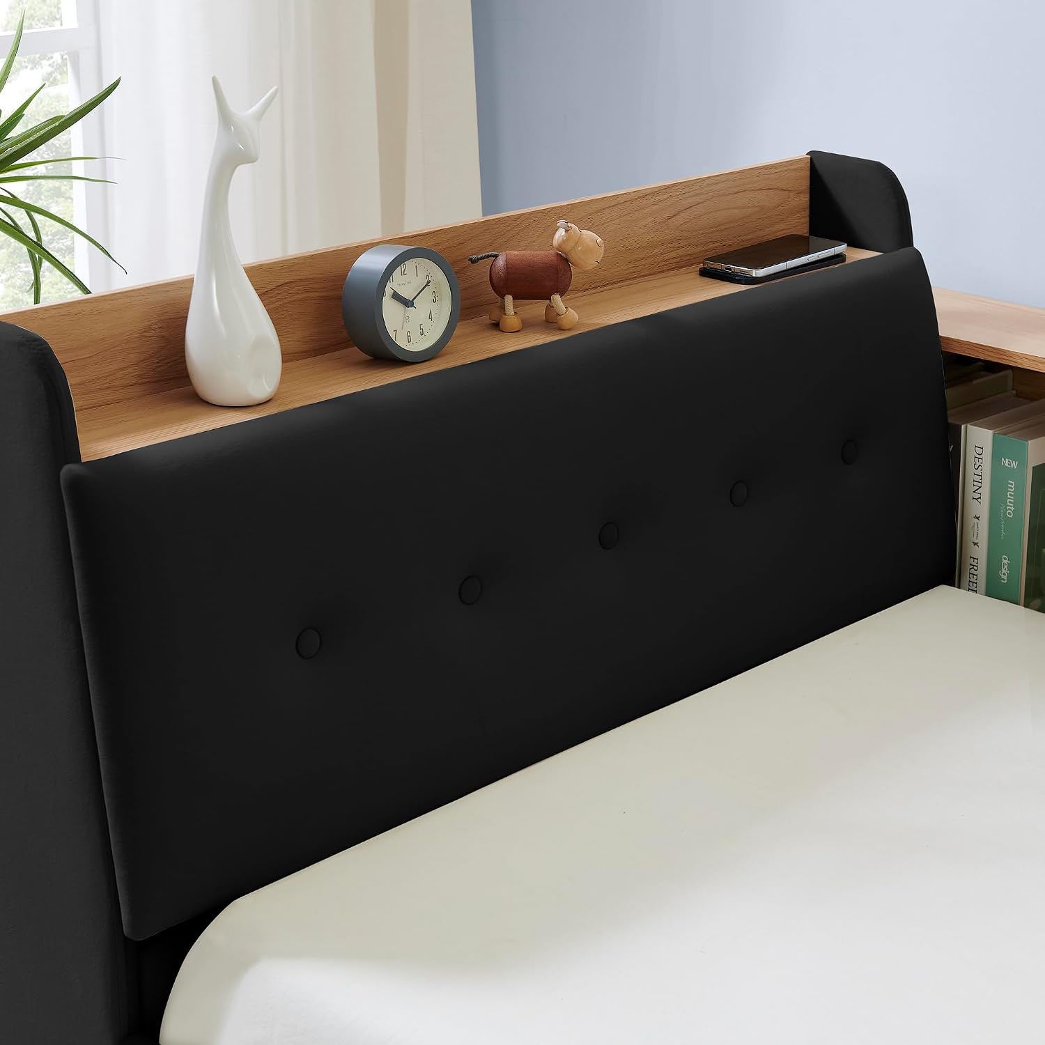 Corner Bed with Desk and Bookcase, LED Lights & USB Ports, Modern Twin to King Daybed with Pop Up Trundle, Velvet Upholstered Extendable Day Bed Kids Bedroom Furniture Set Small Places (Black, Twin)