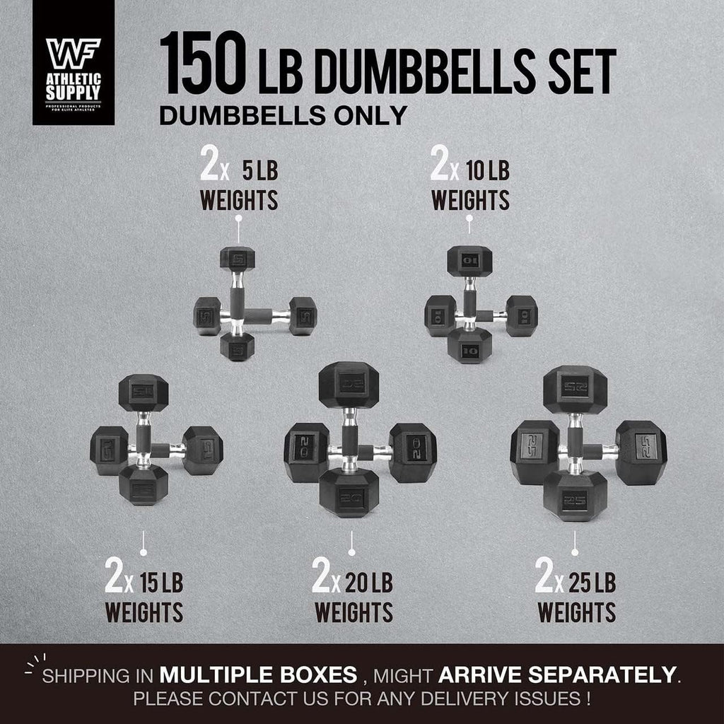WF Athletic Supply Rubber Encased Hex Dumbbells with Rubber Grip Contoured Handle for Muscle Toning, Strength Building & Full Body Workout