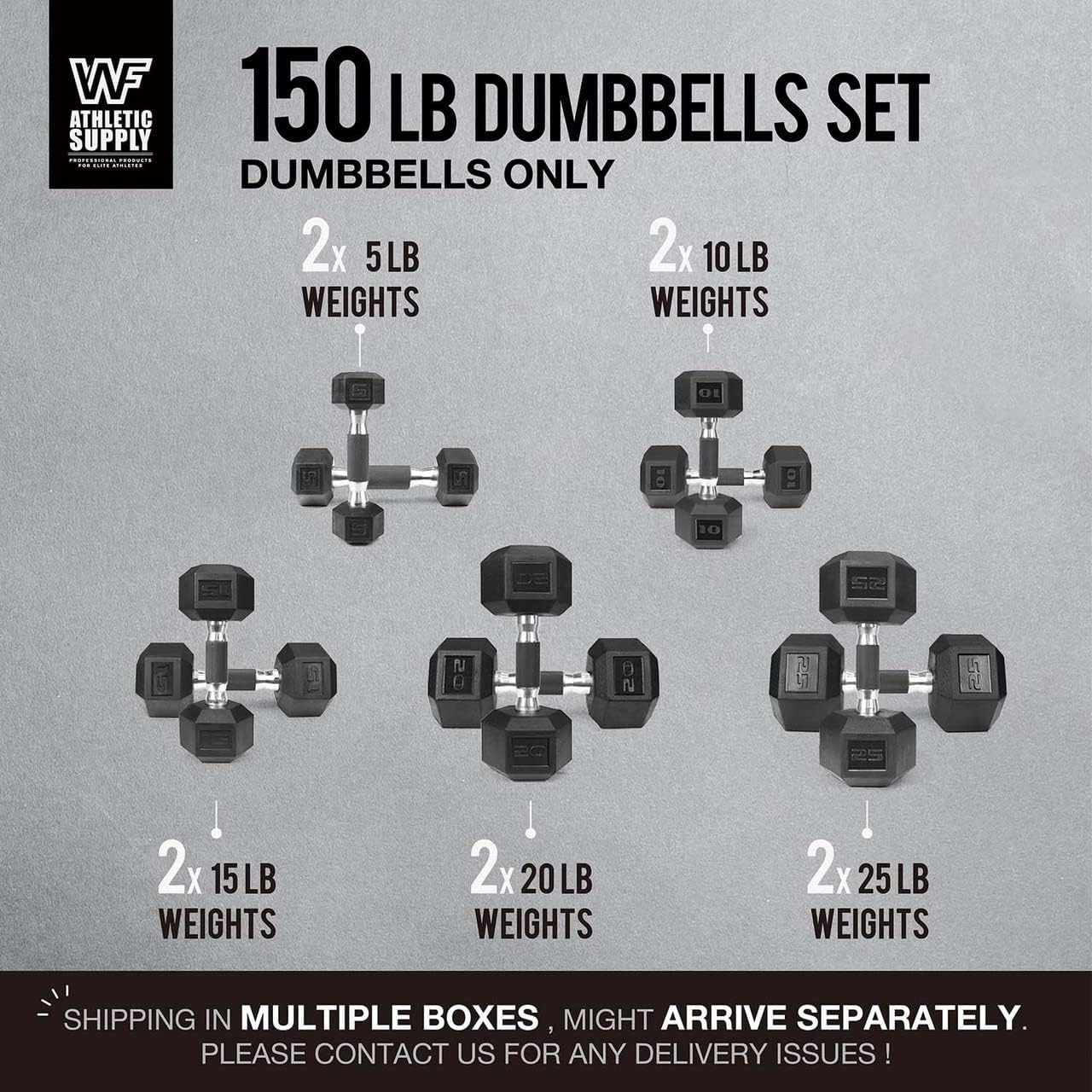 WF Athletic Supply Rubber Encased Hex Dumbbells with Rubber Grip Contoured Handle for Muscle Toning, Strength Building & Full Body Workout