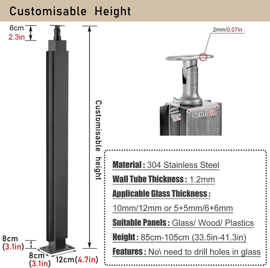 Stairs Railing Post for Square Handrail, Glass Railing Post System for 10mm 12mm Toughened Glass, Stair Landing Entryway Gate Glass Black Railing Posts(Black End Post,65cm/25.5in)