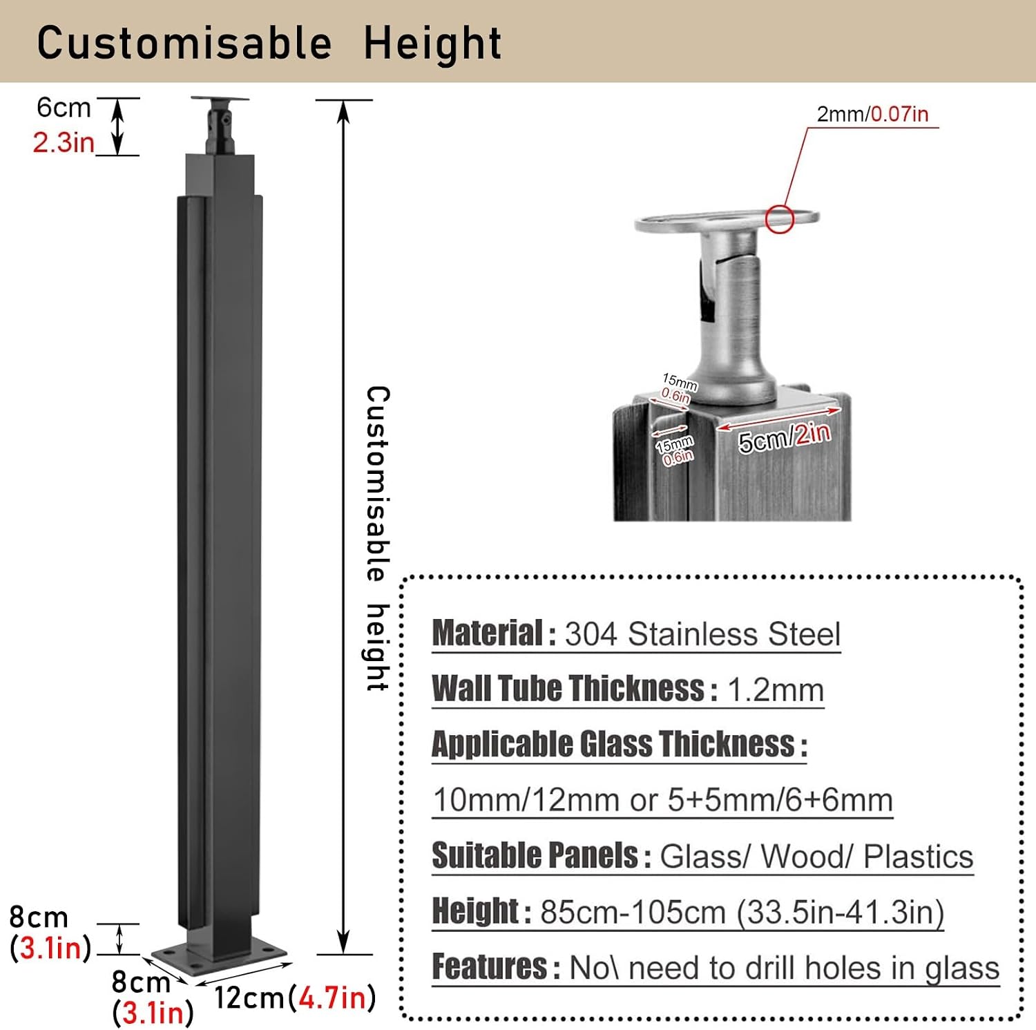 Stairs Railing Post for Square Handrail, Glass Railing Post System for 10mm 12mm Toughened Glass, Stair Landing Entryway Gate Glass Black Railing Posts(Black End Post,65cm/25.5in)
