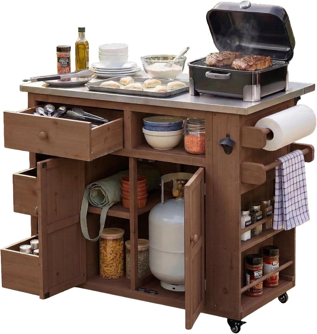 Roomfitters Outdoor Grill Cart and BBQ Prep Station, Stainless Steel Top, Rolling Kitchen Island Potting Bench, Brown