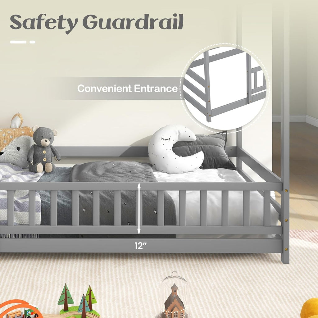 KOMFOTT Twin Size Floor House Bed, Wooden Montessori Bed with Roof & Full-Length Safety Guardrail, Floor Playhouse Bed Frame for Kids, Girls, Boys (Grey)
