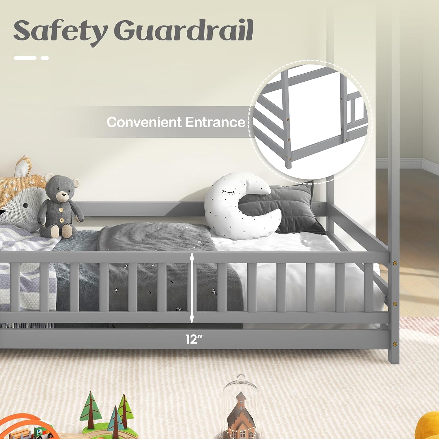KOMFOTT Twin Size Floor House Bed, Wooden Montessori Bed with Roof & Full-Length Safety Guardrail, Floor Playhouse Bed Frame for Kids, Girls, Boys (Grey)