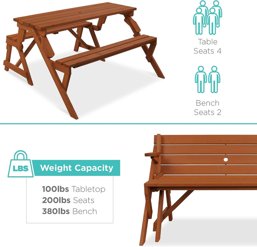 Best Choice Products 2-in-1 Transforming Interchangeable Outdoor Wooden Picnic Table Garden Bench for Backyard, Porch, Patio, Deck w/Umbrella Hole - Acorn