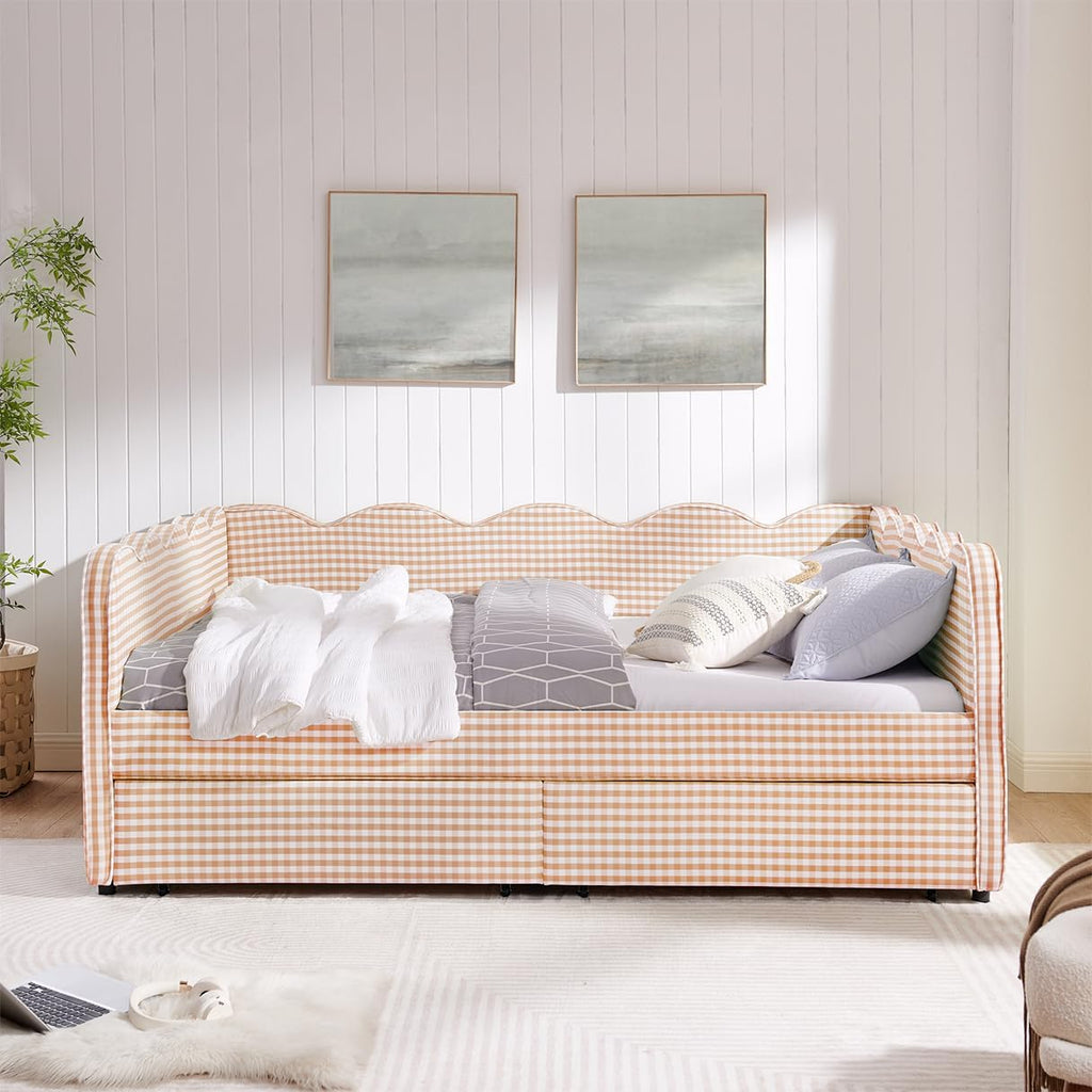 DEINPPA Queen Size Upholstered Daybed with 2 Storage Drawers, Gingham Daybed with USB Ports for Bedroom Living Room Guest Room-Pink
