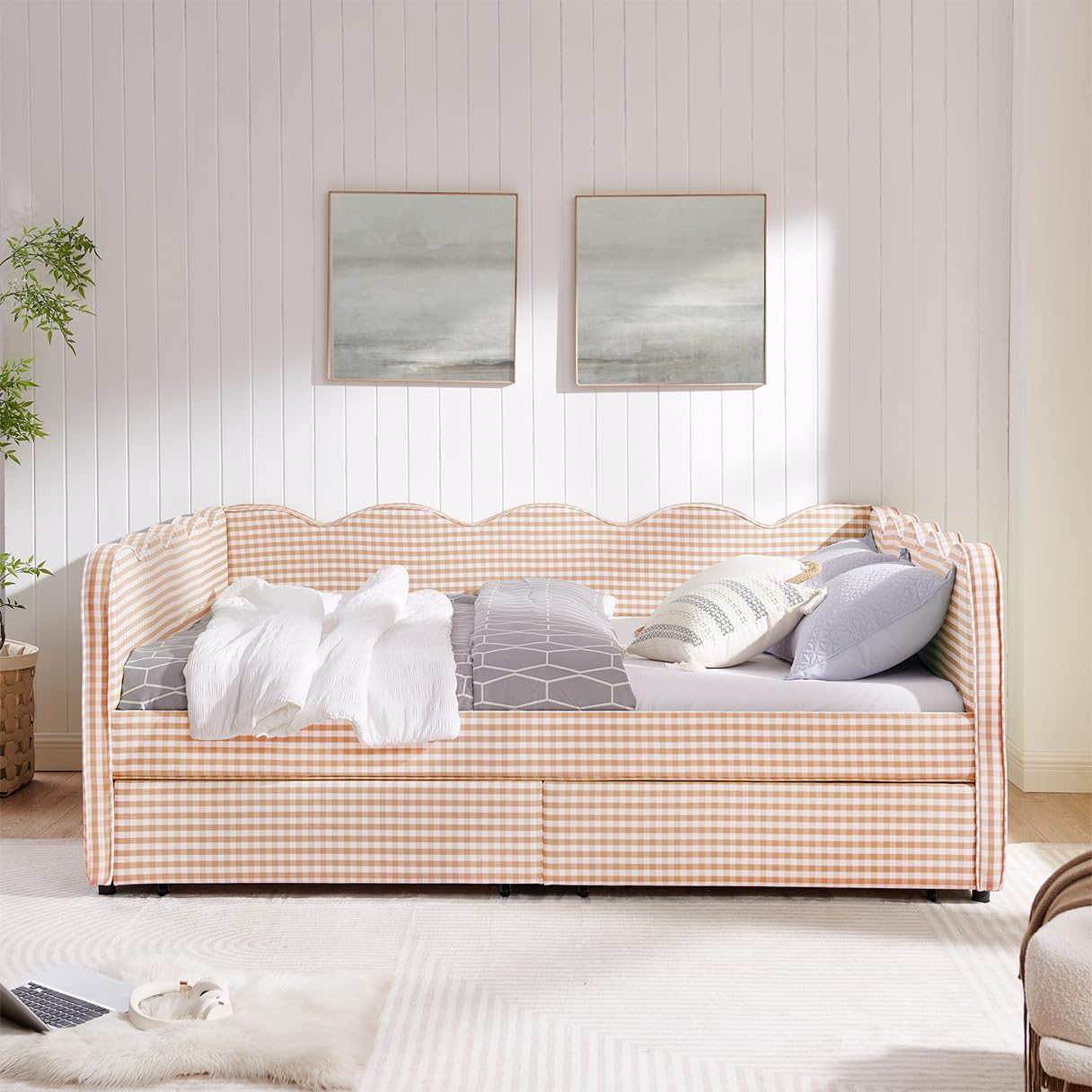 DEINPPA Queen Size Upholstered Daybed with 2 Storage Drawers, Gingham Daybed with USB Ports for Bedroom Living Room Guest Room-Pink