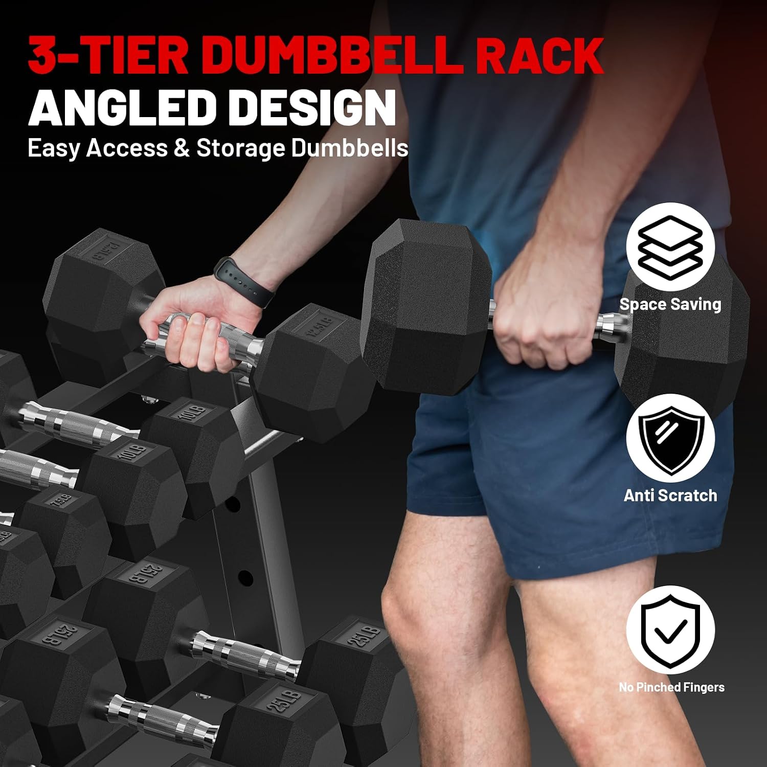 PAPABABE Hex Dumbbell Set with Rack, Rubber Encased Free Weight with Weight Storage Racks, Multiple Weight Options for Home Gym and Fitness