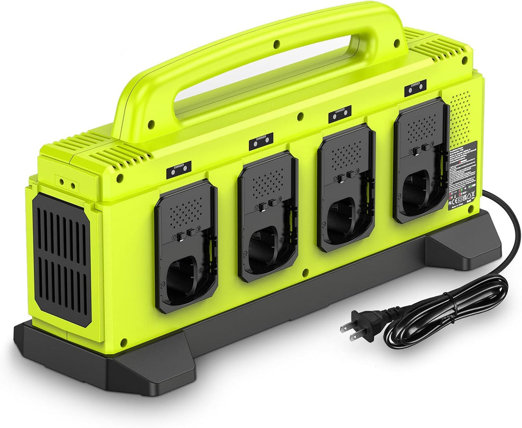 8-Port Charger for Ryobi 18V Battery, Simultaneous Fast Charging Station | Charge up to 8 Ryobi One+ batteries simultaneously with smart cooling, LED status indicators, and portable carry handle.