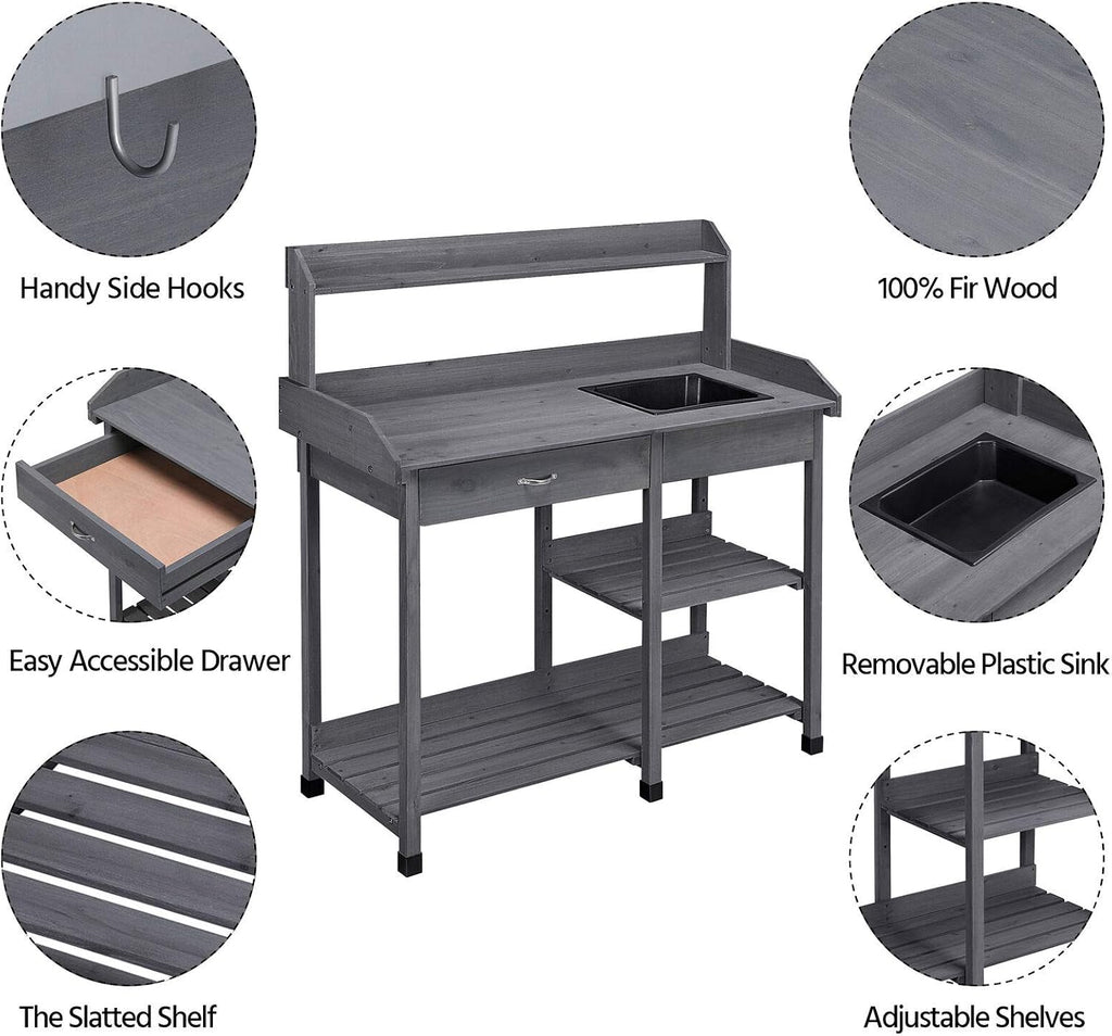Wooden Potting Bench Work Table with Storage Display Shelves and Sink Durable Sturdy Heavy Duty Versatile Contemporary for Home Garden Backyard Patio Greenhouse Outdoor Garage Planter Flowers Pot