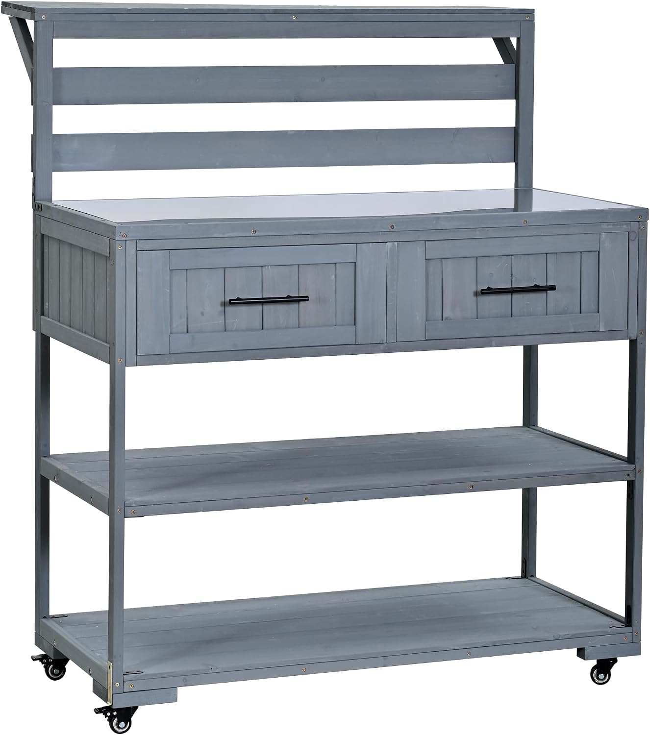 62.3'' Patio Kitchen Island Cart with Stainless Table Top,Solid Wood Garden Potting Bench with Raised Shelf and Drawers, Grill Prep Table for BBQ, Party (Gray-E)