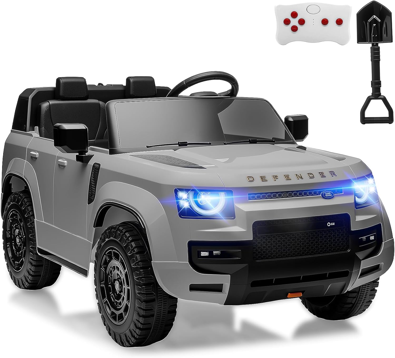 MINIATURE MOTORS 24V Ride on Toys for Big Kids, 2-Seater Toddlers Licensed Electric Car Remote Control, 3.7mph Max Speed, Bluetooth Music, Shovel, Seat Belt, 4-Wheeler Suspension, Boy Girl Gift-Grey