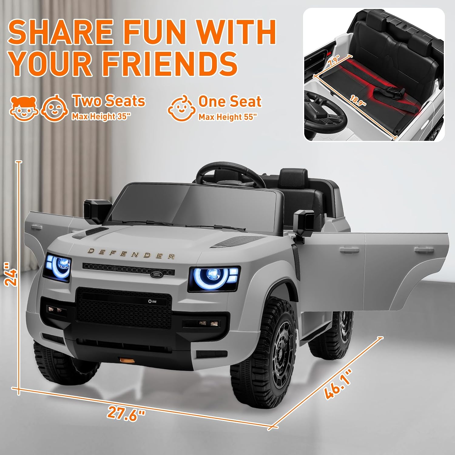 MINIATURE MOTORS 24V Ride on Toys for Big Kids, 2-Seater Toddlers Licensed Electric Car Remote Control, 3.7mph Max Speed, Bluetooth Music, Shovel, Seat Belt, 4-Wheeler Suspension, Boy Girl Gift-Grey