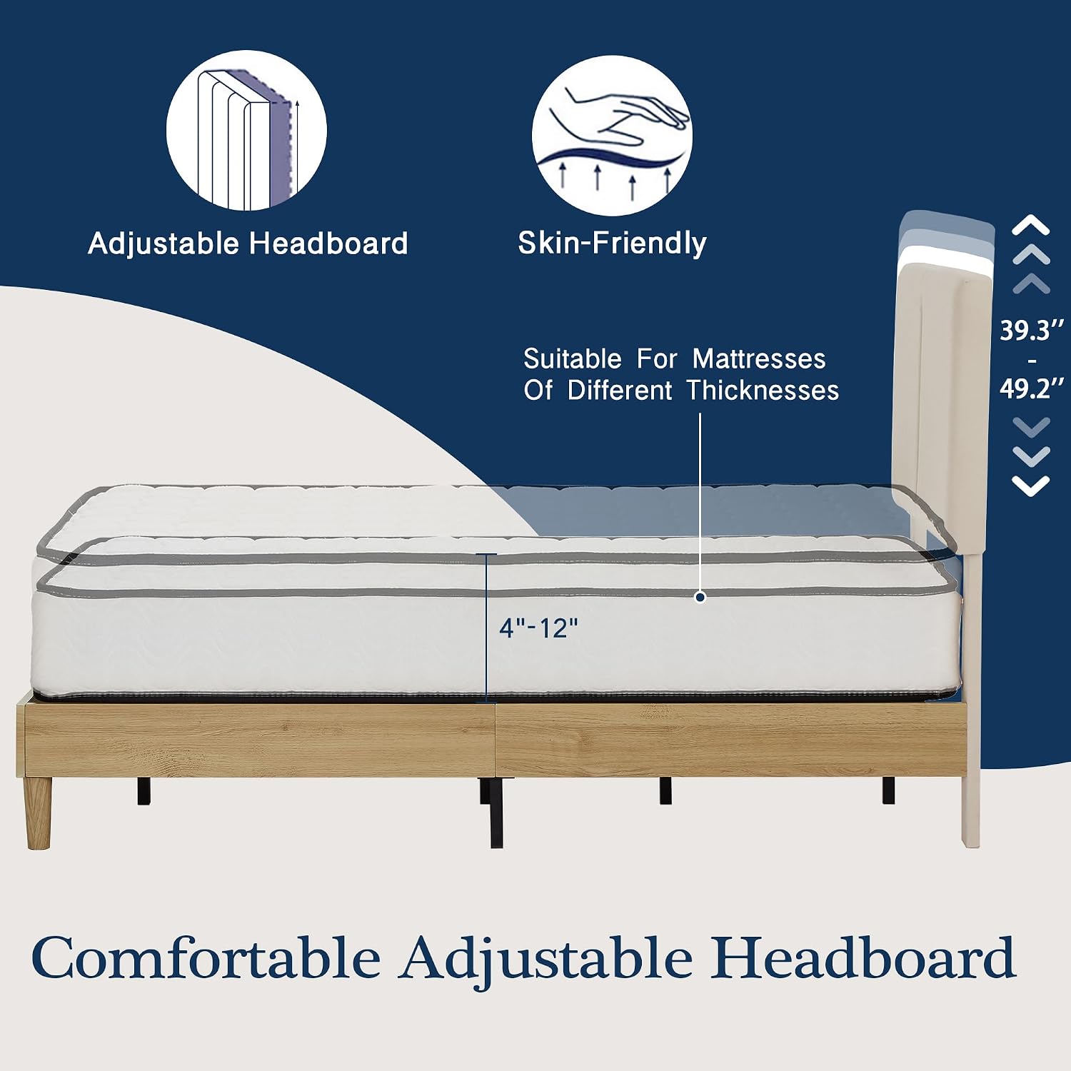 VECELO Twin Size Bed Frame Upholstered Platform Height-Adjustable Cotton and Linen Headboard, Heavy Duty Wood Slats, Noise-Free, No Box Spring Needed, Easy Assembly, Beige