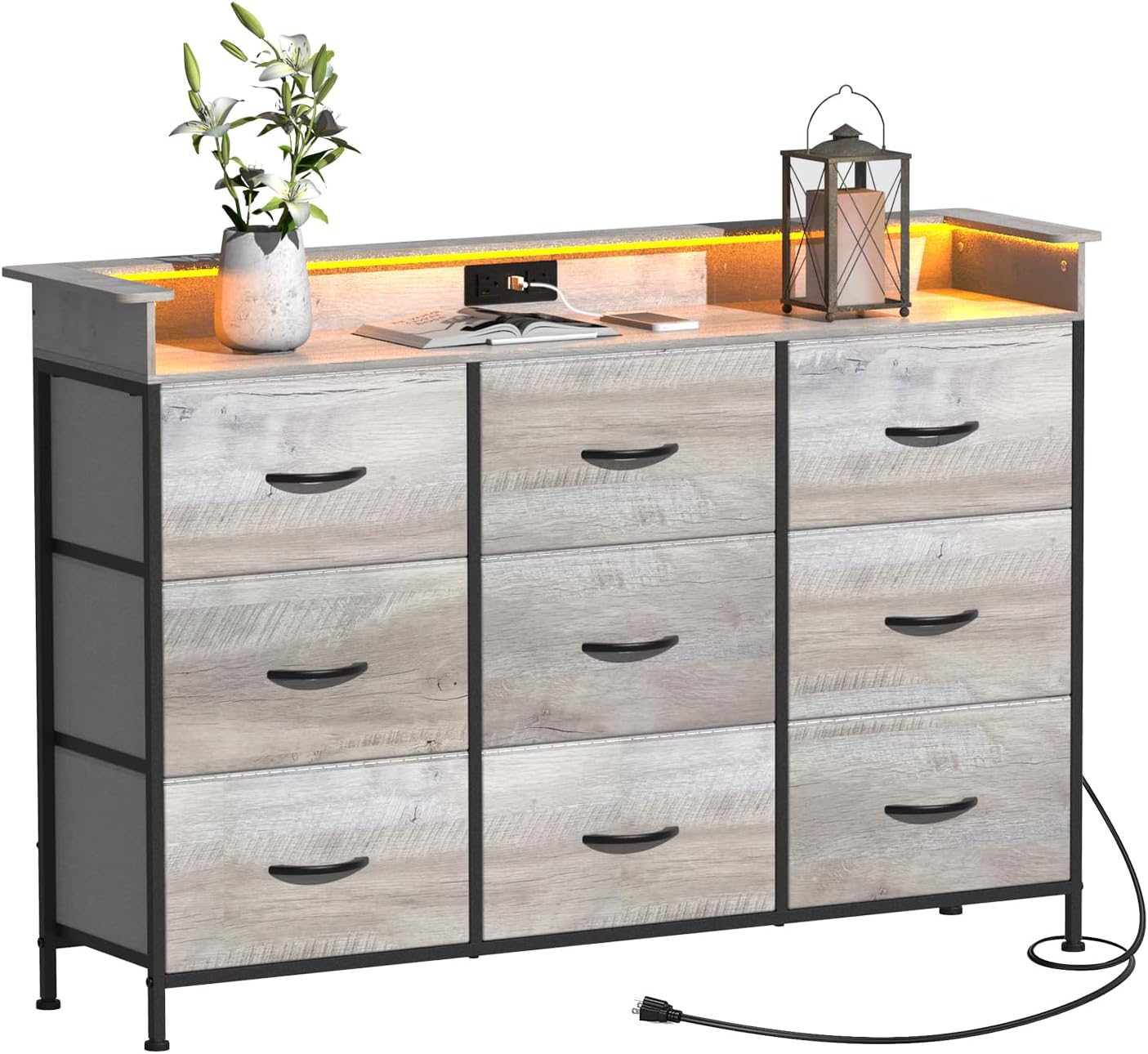 EXOTICA Dresser with Charge Station 9 Drawers Dresser for Bedroom with LED Lights Tall Wide Fabric Dressers & Chests of Drawers for Closet Hallway Entryway Sturdy Steel Frame Wood Top