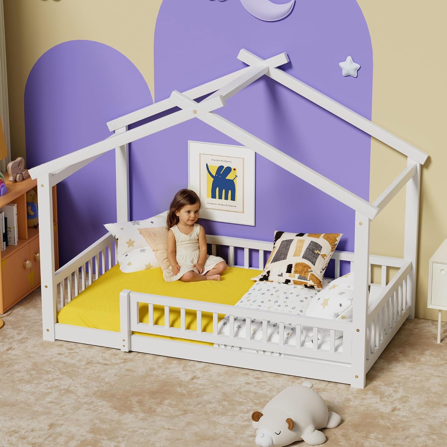LLS Twin House Bed with Fence, Wooden Montessori Bed with Slats Support, Floor Bed Frame for Boys Girls Bedroom, White