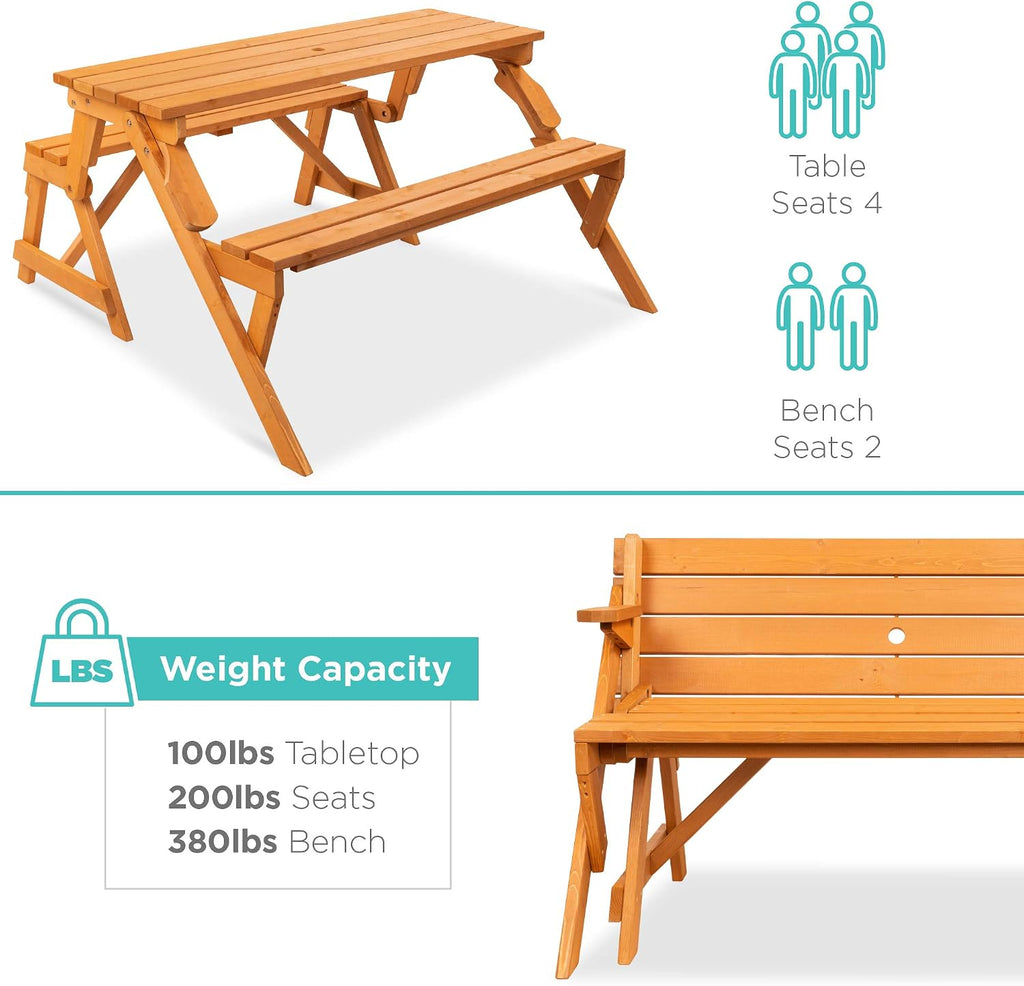 Best Choice Products 2-in-1 Transforming Interchangeable Outdoor Wooden Picnic Table Garden Bench for Backyard, Porch, Patio, Deck w/Umbrella Hole - Natural