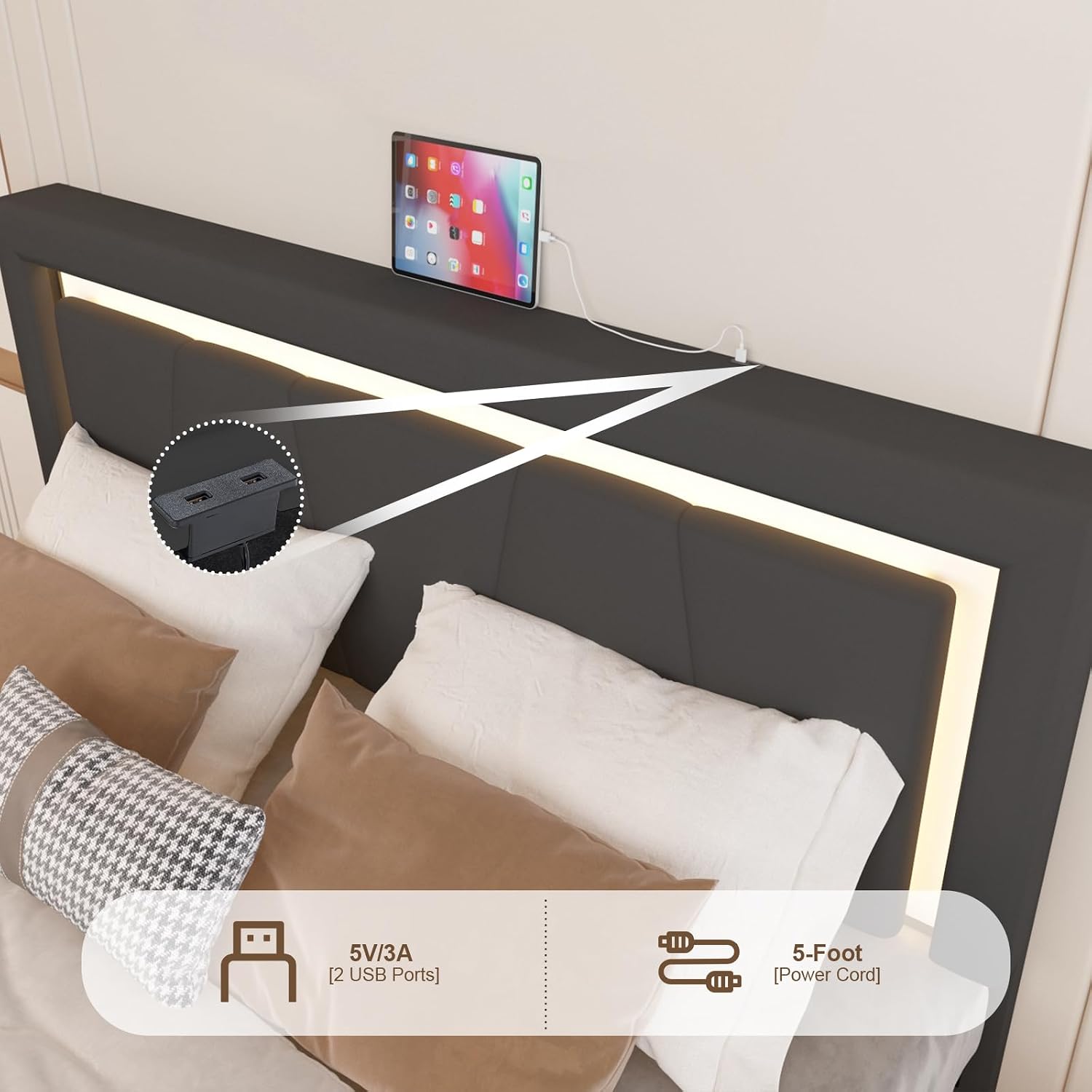 Full Bed Frame with Adjustable Headboard, Upholstered Platform Bed with RGB LED Lights, 4 Storage Drawers & Charging Station (1 USB 1 Type-C), PU Leather Headboard, No Box Spring Needed