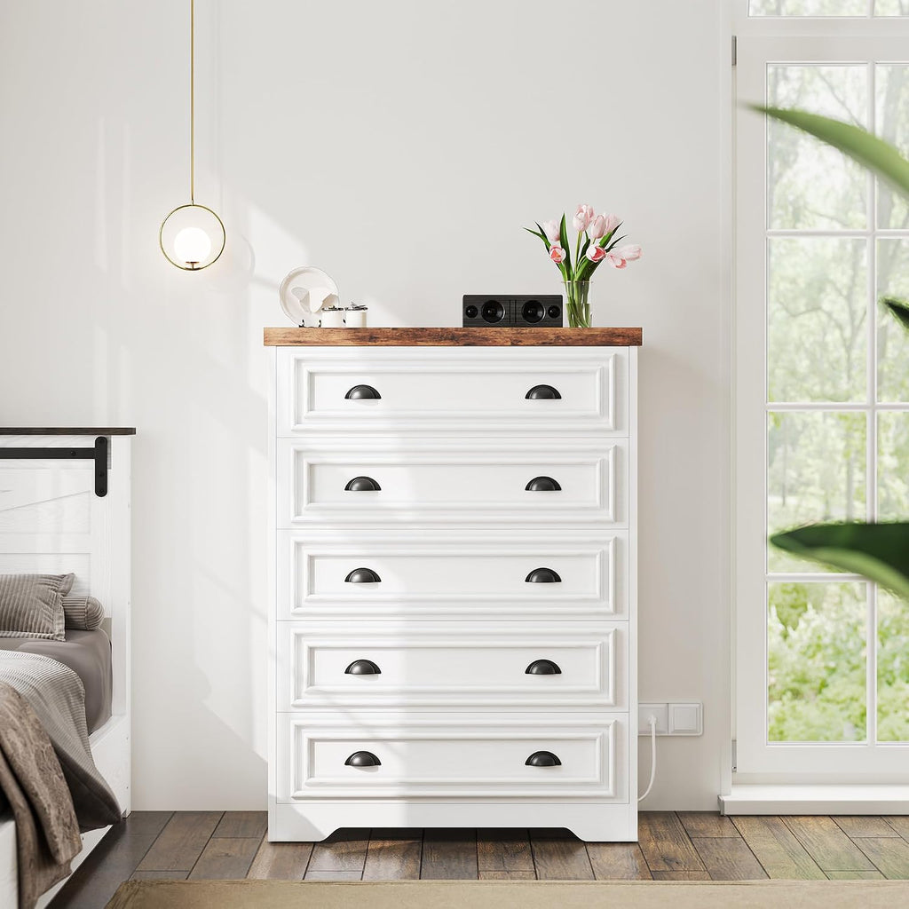 LIKIMIO 5-Drawer 43' Tall Dresser with Built-in Charging Station - Farmhouse Style Bedroom Storage Cabinet, Brown & White