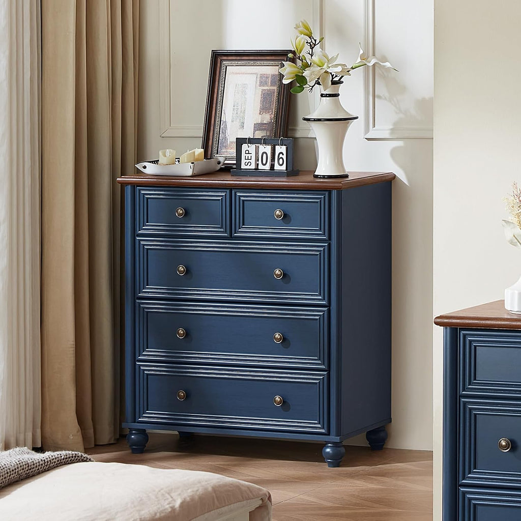 RWYHG Farmhouse 5 Drawer Dresser, Blue Rustic Chest of Drawers, 35.5' Tall Small Dressers for Bedroom with Roman Column and Metal Handles,Wood Storage Organizer for Living Room, Hallway, Closet