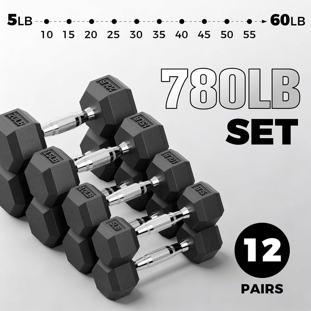 RitFit Rubber Coated Hex Dumbbell Set with Rack, 5-780LB for Home Gym Strength Training, Anti-Slip Knurled Handle, Hexagon Anti-Roll, Heavy-Duty Storage Rack