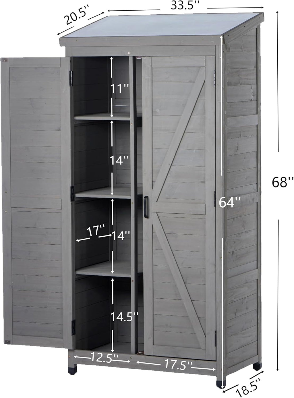 Tall Outdoor Storage Cabinet Waterproof Wood with Metal Top, Durable Patio Garden Shed for Tools, Backyard Deck and Balcony Organizer, Outside Hutch, 68-Inch Tall, Gray