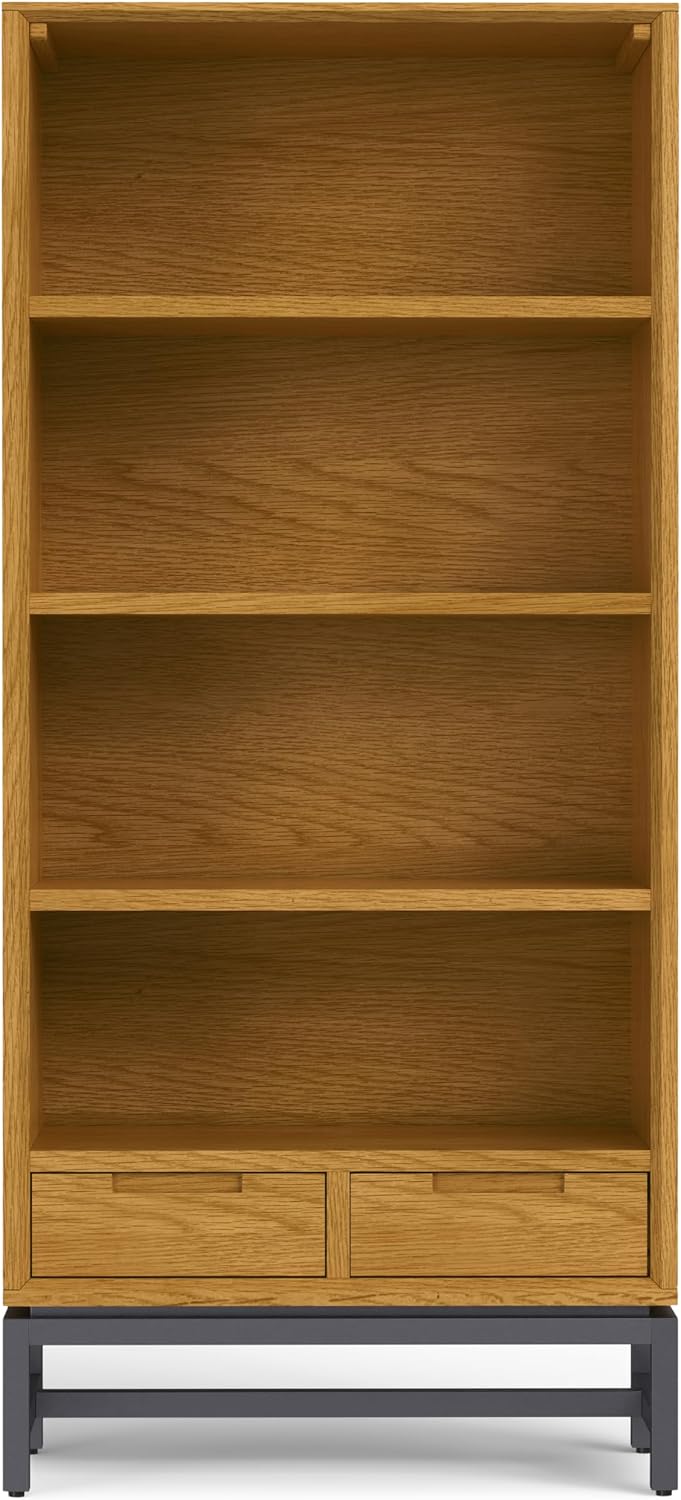 SIMPLIHOME Banting Bookcase - 66 inch Tall Solid Oak Veneer and Metal Bookshelf, Industrial Storage for Living Room, Study Room or Office with Open Shelves and Metal Frame