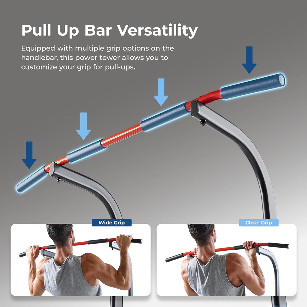 Sunny Health & Fitness Power Tower Dip Station & Pull-Up Bar, Multi-Function Strength Training Equipment with Captain's Chair, Push-Up Bars & Core Workout for Home Gym