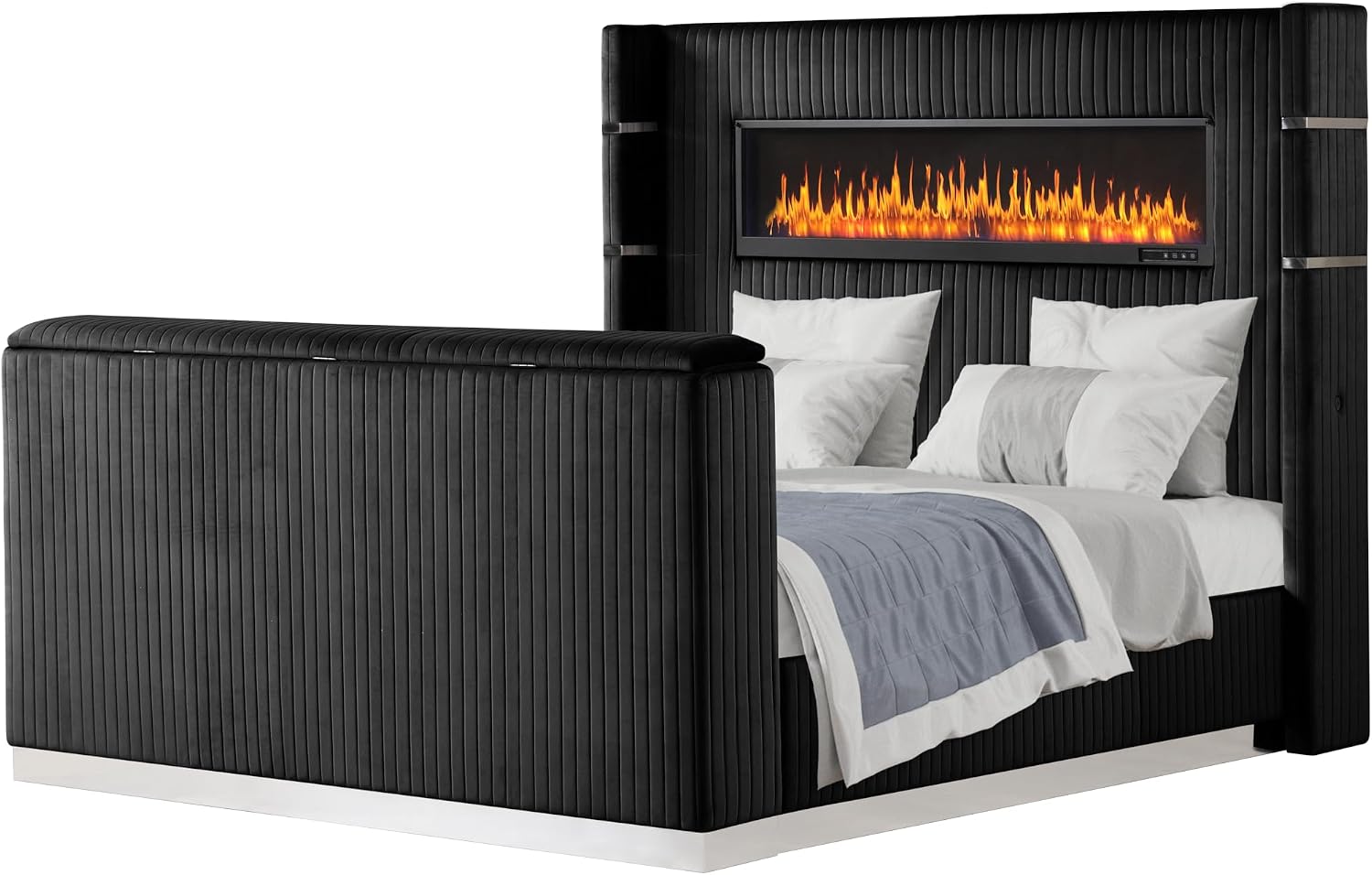 Lavish Modern Style 4 Pc King Bedroom Set Made with Fireplace in Headboard TV Stand in Footboard with Wood in Black
