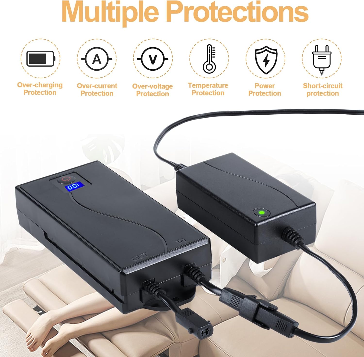 2 Pack Battery Pack for Reclining Furniture - Universal Recliner Battery Pack with LCD Display for Electric Recliners, Sofas, Lift Chairs and Couch - only Compatible with 2-Pin Motion 2500mAh 25.9V