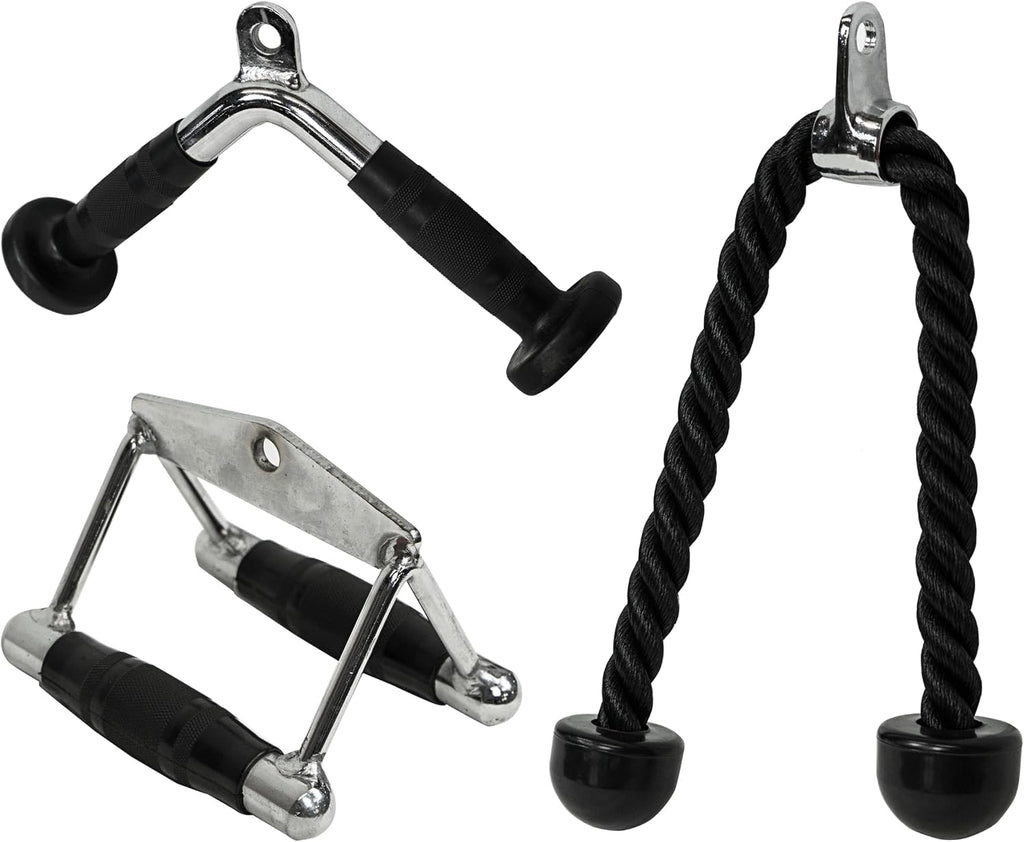 Valor Fitness Cable Machine Attachments - Tricep Rope, V-Bar, Single D-Handle, Rotating Straight Bar, Ankle Strap, Ab Crunch Harness, Triangle Chest Pull for Home Gym Equipment
