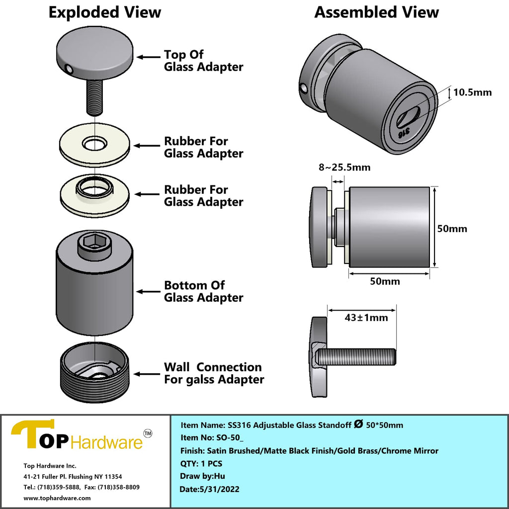 Stainless Steel 316 Grade 1-31/32 in (50mm) Diameter Adjustable Glass Standoff, 1-31/32 in Projection, Matt Black Finish, SO-50B, 4 Pieces