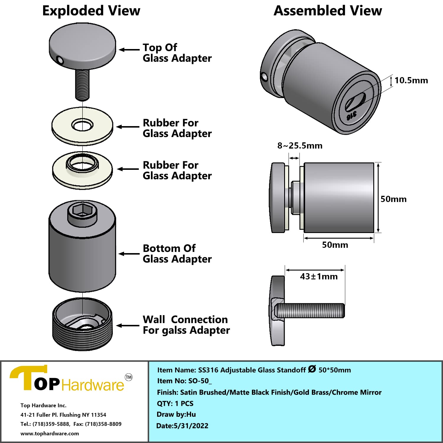 Stainless Steel 316 Grade 1-31/32 in (50mm) Diameter Adjustable Glass Standoff, 1-31/32 in Projection, Matt Black Finish, SO-50B, 4 Pieces