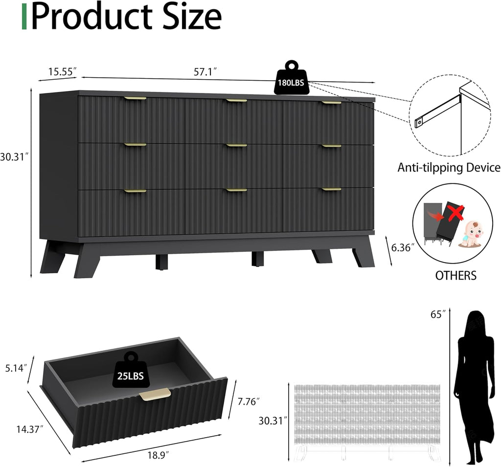 Xixini Fluted Dresser for Bedroom with 9 Drawers, 57' Wide Chest of Drawers with Metal Handle, Modern Wood Dresser TV Stand, Wooden Closet Clothes Storage Organizer for Living Room, Hallway, Black