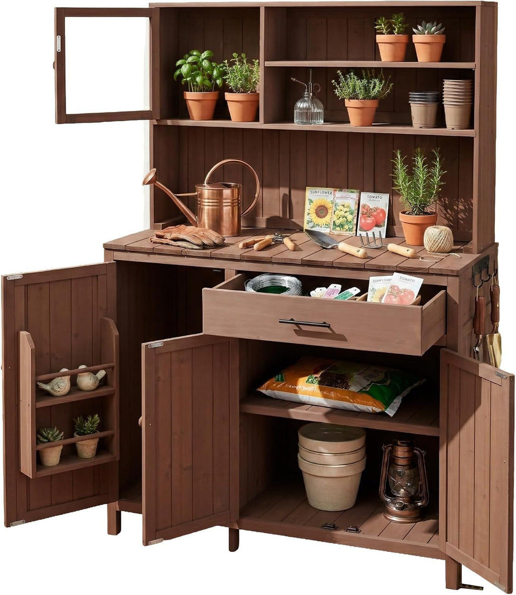 Outdoor Potting Bench with Large Countertop and Hutch, Wood Garden Workstation with Adjustable Shelves, Spice Rack, Side Hook and Drawer (Brown)