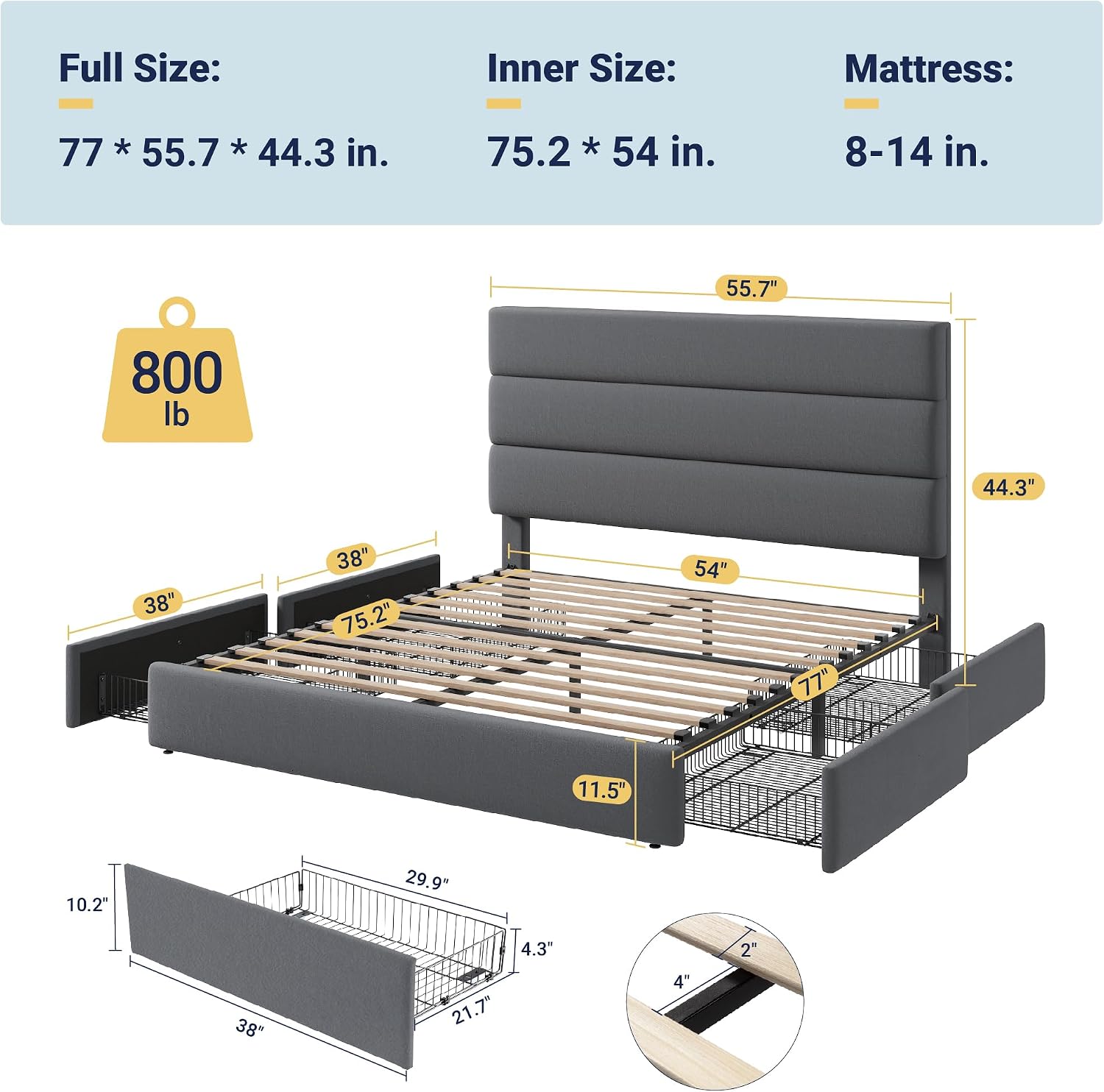Allewie Modern Full Size Platform Bed Frame with 4 Storage Drawers and Velvet Upholstered Headboard, Wooden Slats Support, Upholstered Mattress Foundation/No Box Spring Needed/Easy Assembly, Grey